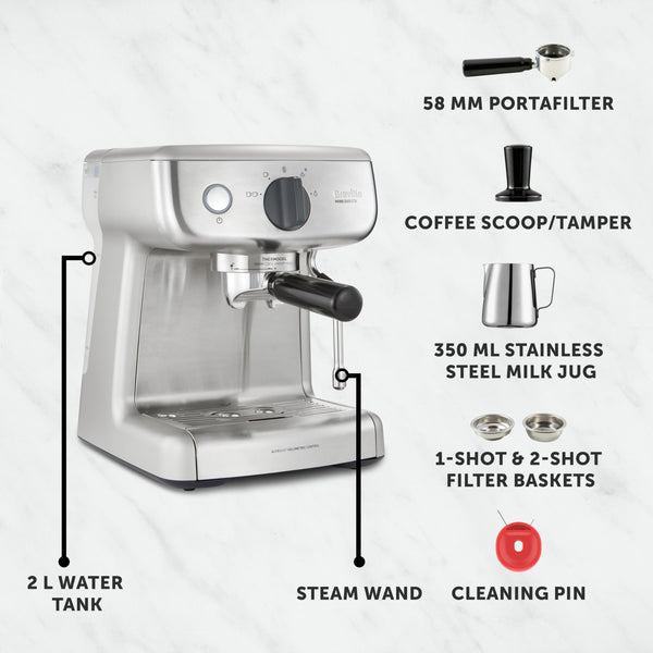 BREVILLE Barista Slimline Espresso Machine | Integrated Milk Frother | Compact Coffee Maker for Cappuccinos, Lattes & More | 15 Bar Pump | Silver [VCF185]