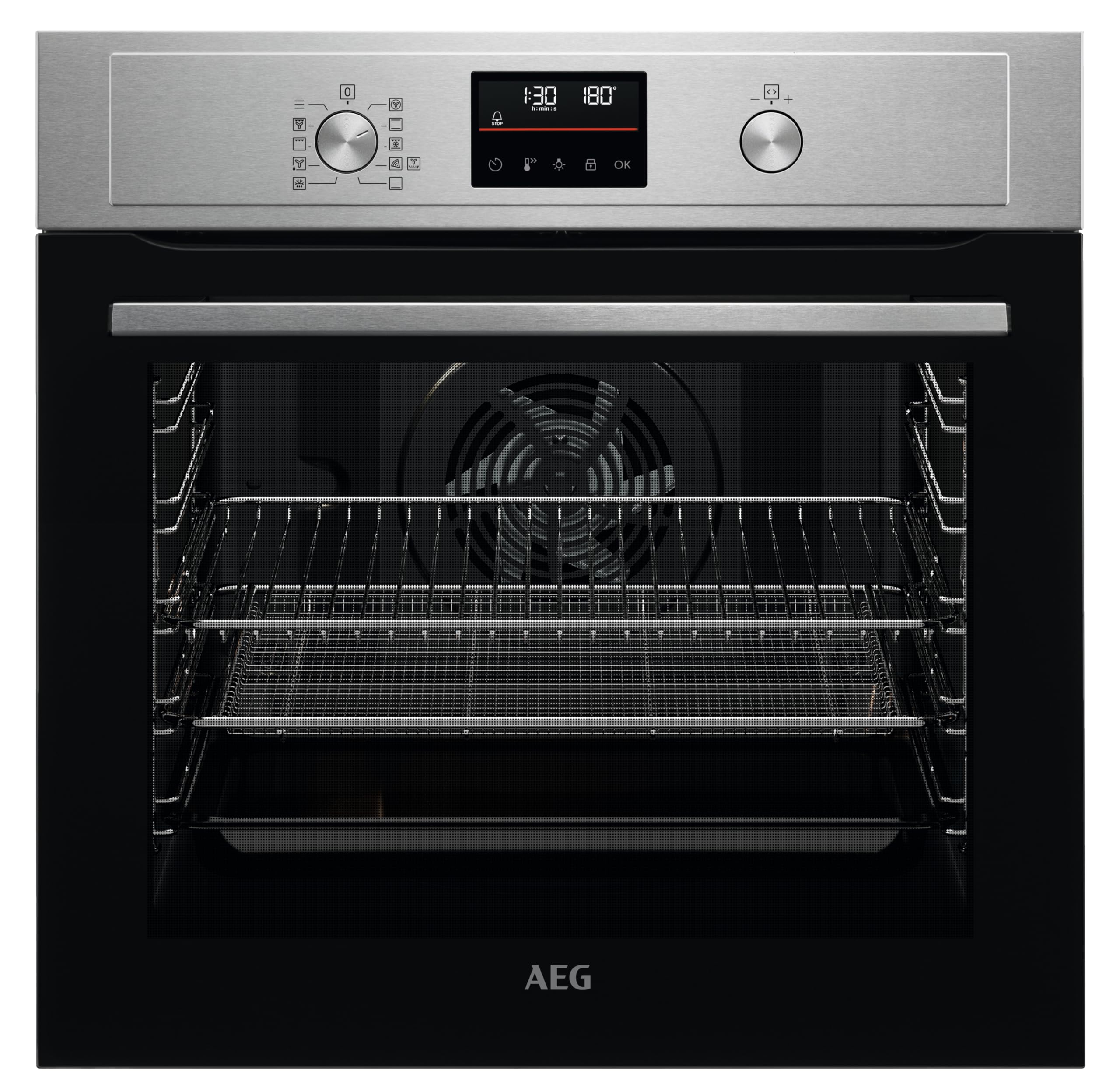 AEG 3000 Series Surroundcook Integrated Oven BEX335011B, 72L Multilevel Cooking, Turbo Grill, Defrost, Led Display, XL Baking Tray, Aqua Clean, Built-in Oven 590x560x550mm, Class A+++ Black