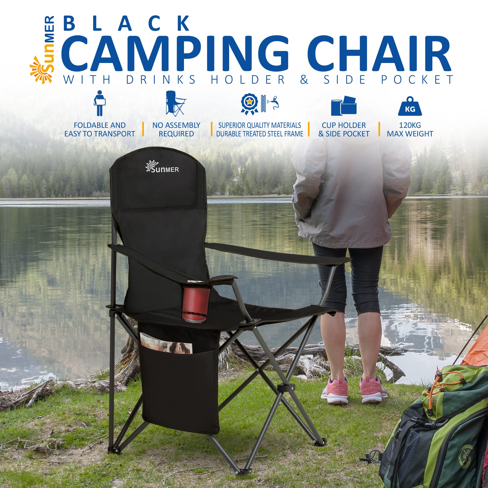 SUNMER Set of 2 Folding Camping Chairs, Extra-Wide Lightweight Outdoor Chairs with Armrests, Cup Holder and a Side Pocket, 120kg Capacity per Chair - Black