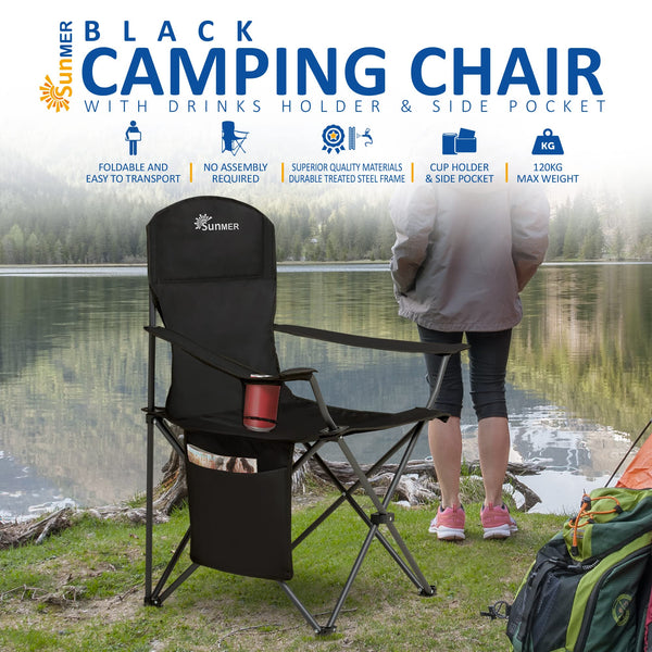 SUNMER Set of 2 Folding Camping Chairs, Extra-Wide Lightweight Outdoor Chairs with Armrests, Cup Holder and a Side Pocket, 120kg Capacity per Chair - Black