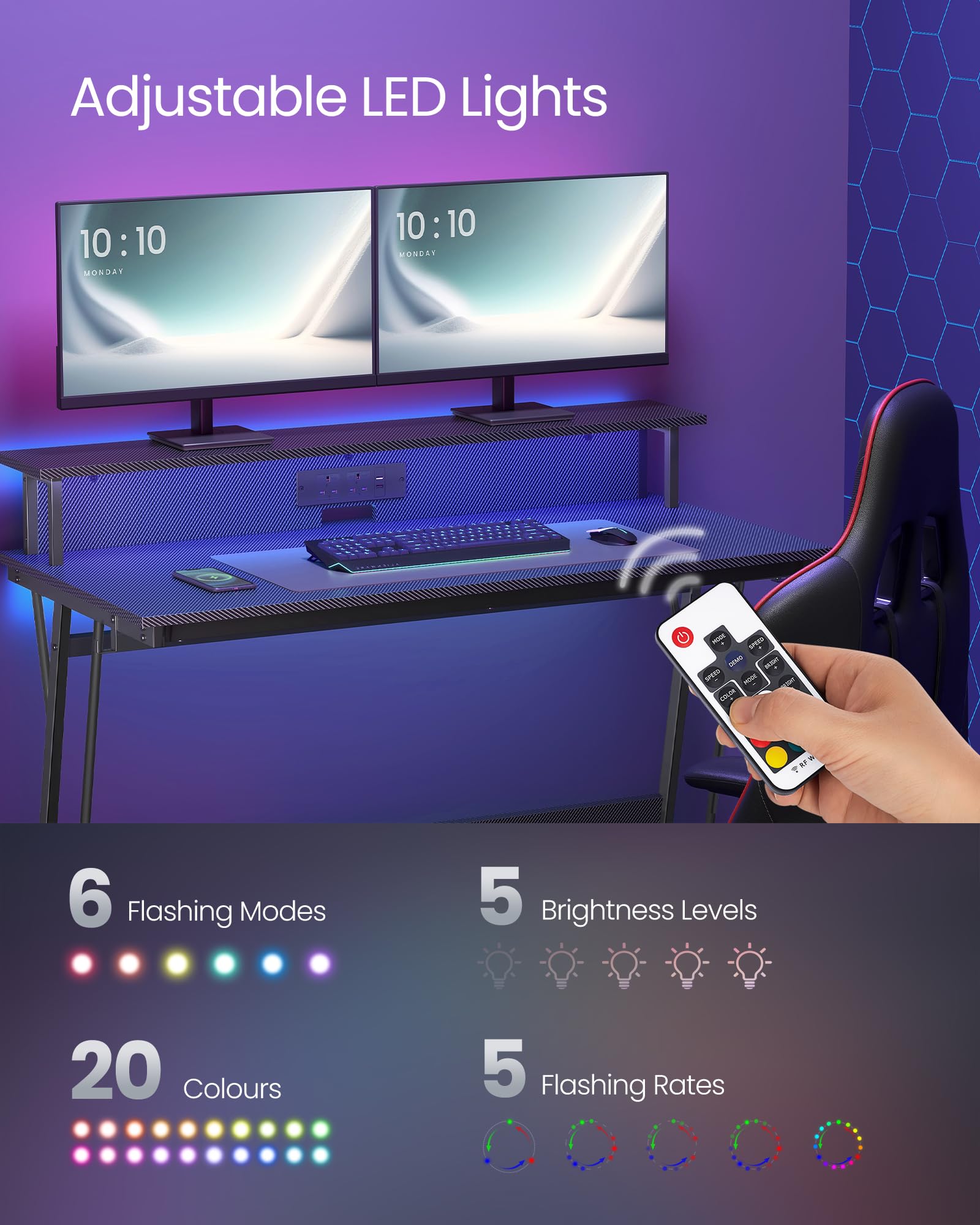 VASAGLE Gaming Desk with LED Lights and Built-In Power Outlets, Computer Desk with Monitor Shelf, Gaming Table for 2 Monitors, Office Desk, for Bedroom, 60 x 120 x 76 cm, Carbon Black LWD292B02