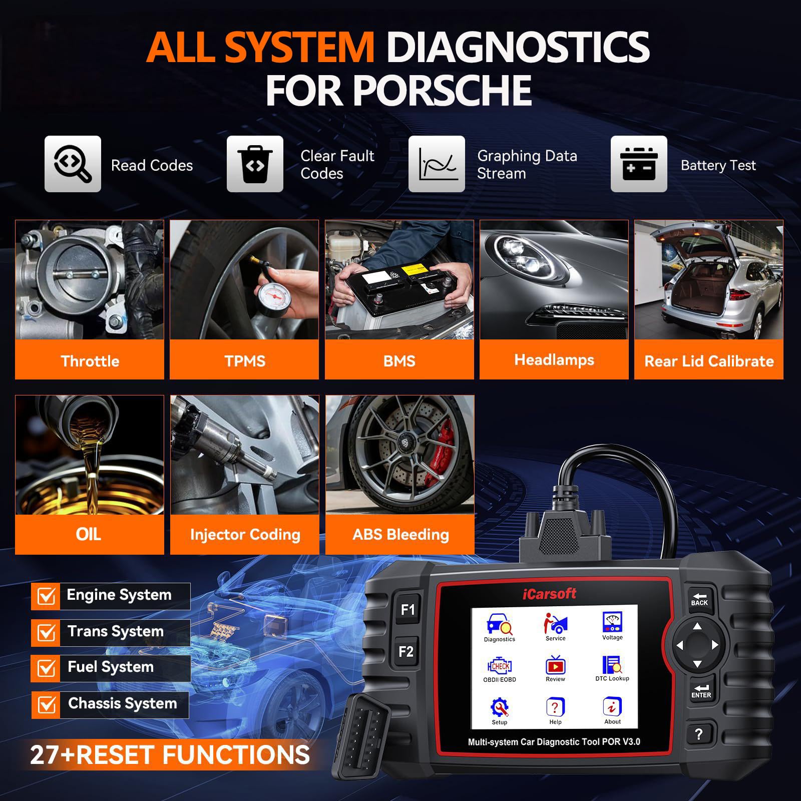 iCarsoft POR V3.0 Scanner for Porsche, 27 Reset Services OBD2 Scanner Code Reader, OIL/BLD/EPB/SAS/BMS/ETC/INJ/DP-F/TPMS Reset, 4-in-1 Graph Data, Bi-Directional Test, Lifetime Free Update