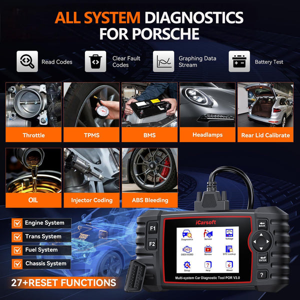 iCarsoft POR V3.0 Scanner for Porsche, 27 Reset Services OBD2 Scanner Code Reader, OIL/BLD/EPB/SAS/BMS/ETC/INJ/DP-F/TPMS Reset, 4-in-1 Graph Data, Bi-Directional Test, Lifetime Free Update