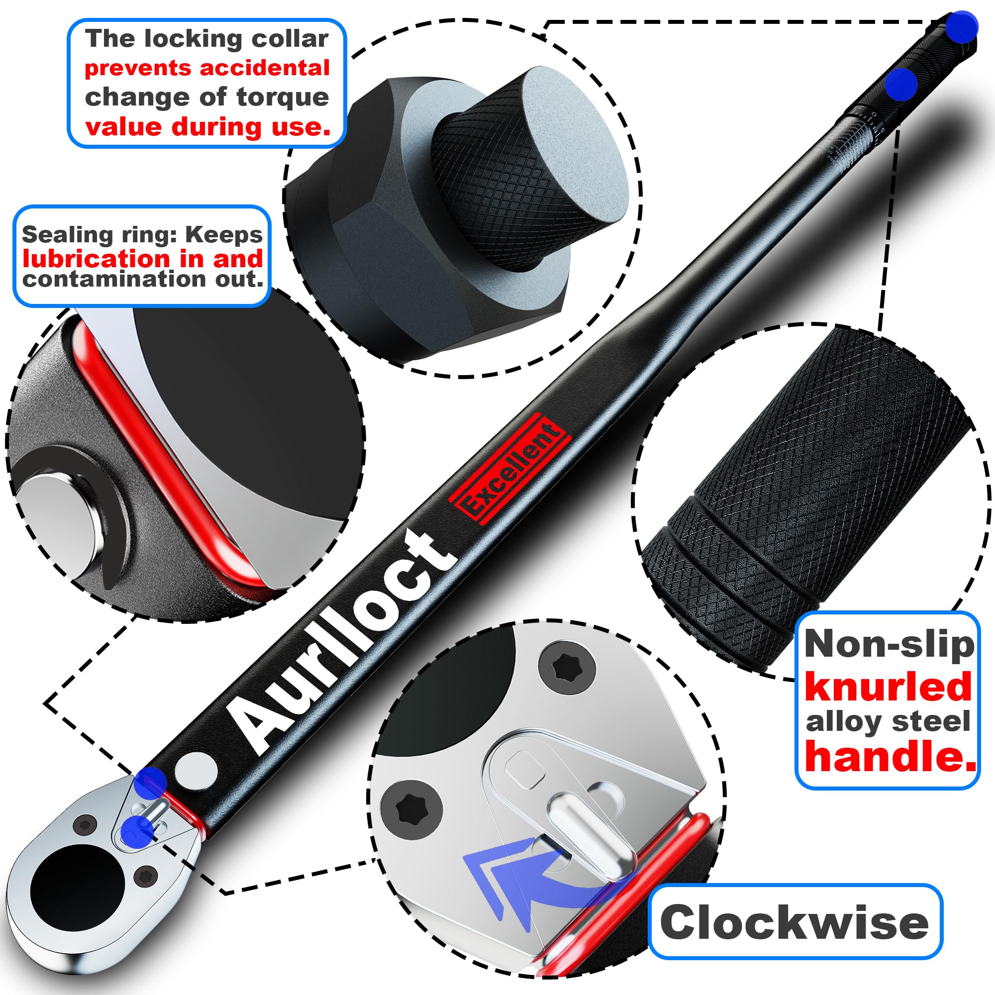 1/2" Torque Wrench Set, Car Wheel Torque Spanner 20-230 Nm with 3/8'' Adapter, ± 3% Accuracy, 72 Tooth for Car Repair, Tire Replacement Etc