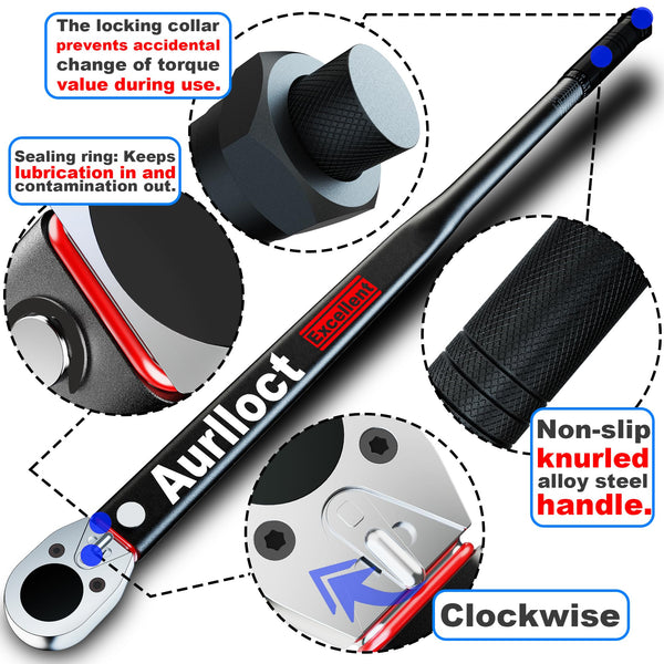 1/2" Torque Wrench Set, Car Wheel Torque Spanner 20-230 Nm with 3/8'' Adapter, ± 3% Accuracy, 72 Tooth for Car Repair, Tire Replacement Etc