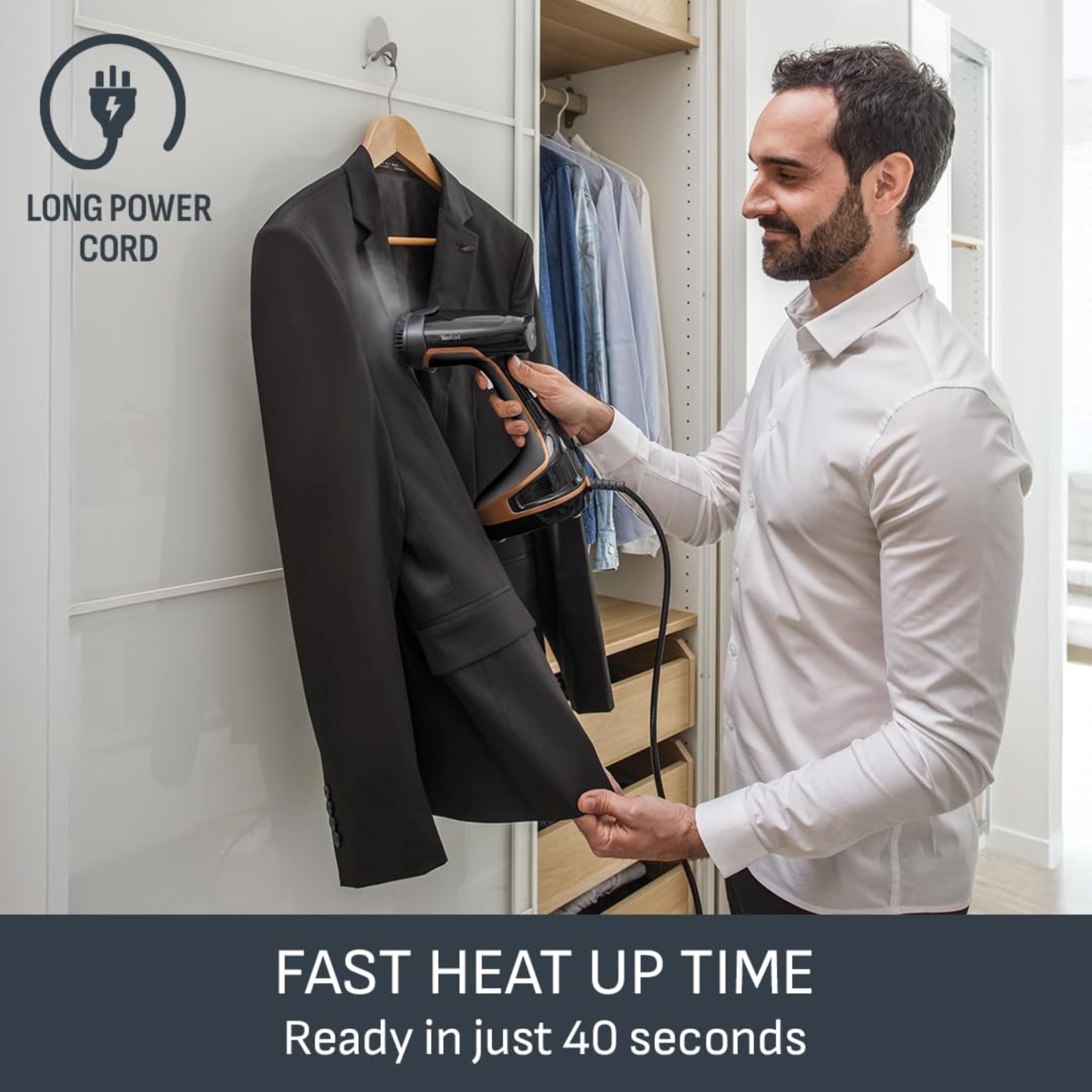 Tefal Access Steam+ Handheld Clothes Steamer, 1600W, 26 g/min Steam, No Ironing Board Needed, 2 Steam Levels, Sanitising Steam, Black & Rose Gold, DT8103