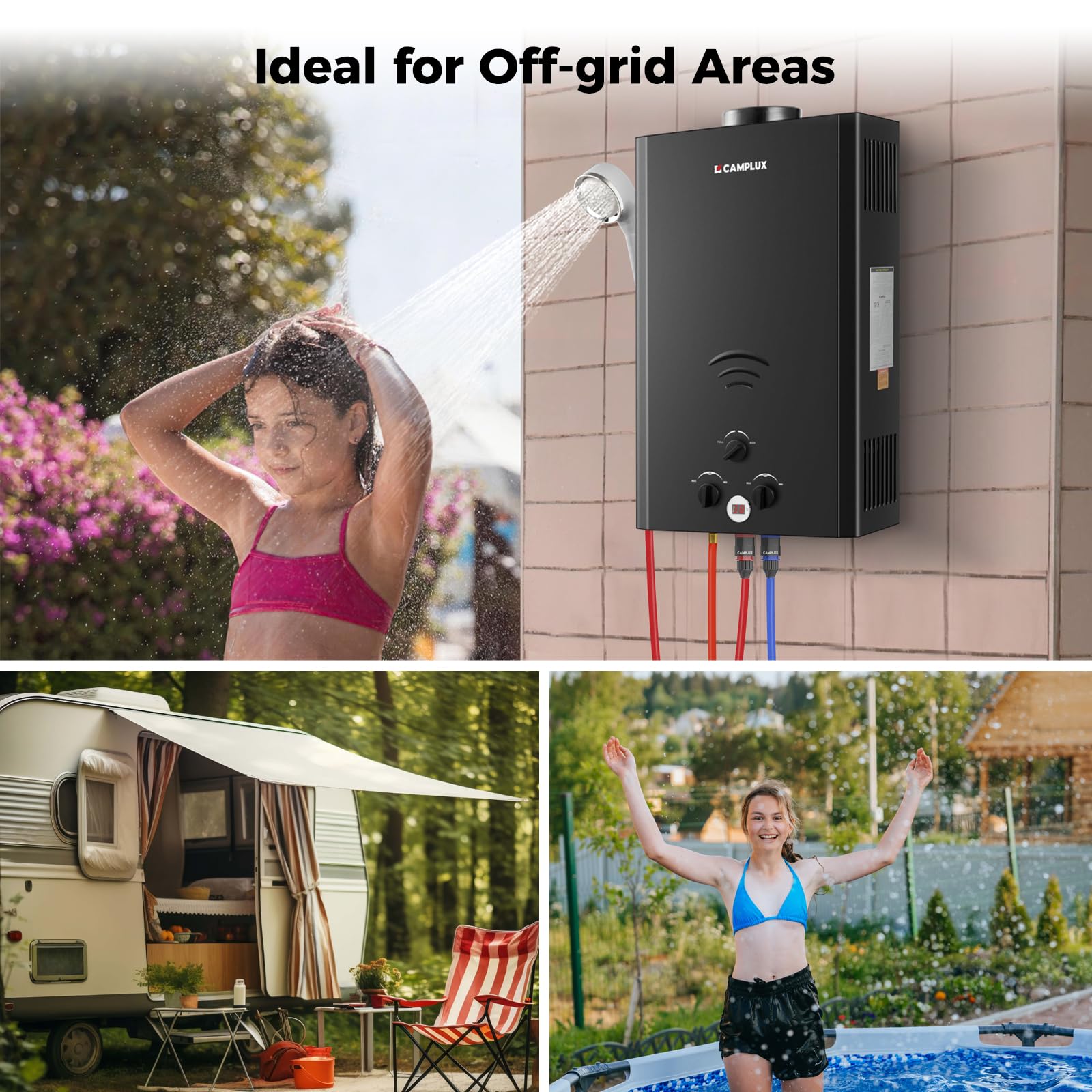 CAMPLUX Gas Water Heater 20 litres, Instant LPG Water Heater for Garden Shower, RV, Tiny House, ECO/Full Mode, BW Series BW528B