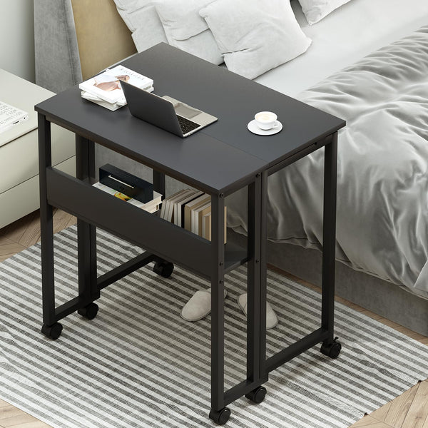 GreenForest Small Folding Desk with Storage Shelf,63 cm Computer Rolling Desk on Wheels Easy Assembly,Foldable desk for Small Space,Black