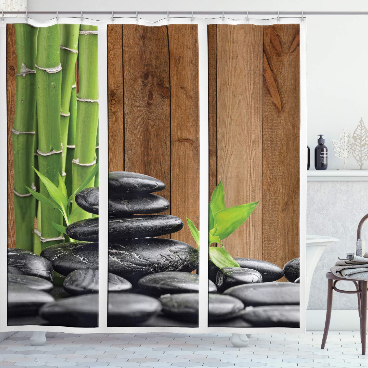 ABAKUHAUS Stones Shower Curtain, Bamboo Branches and Dark Colored Spa Rocks as Modern Rectangular Frames, Cloth Fabric Bathroom Decor Set with Hooks,