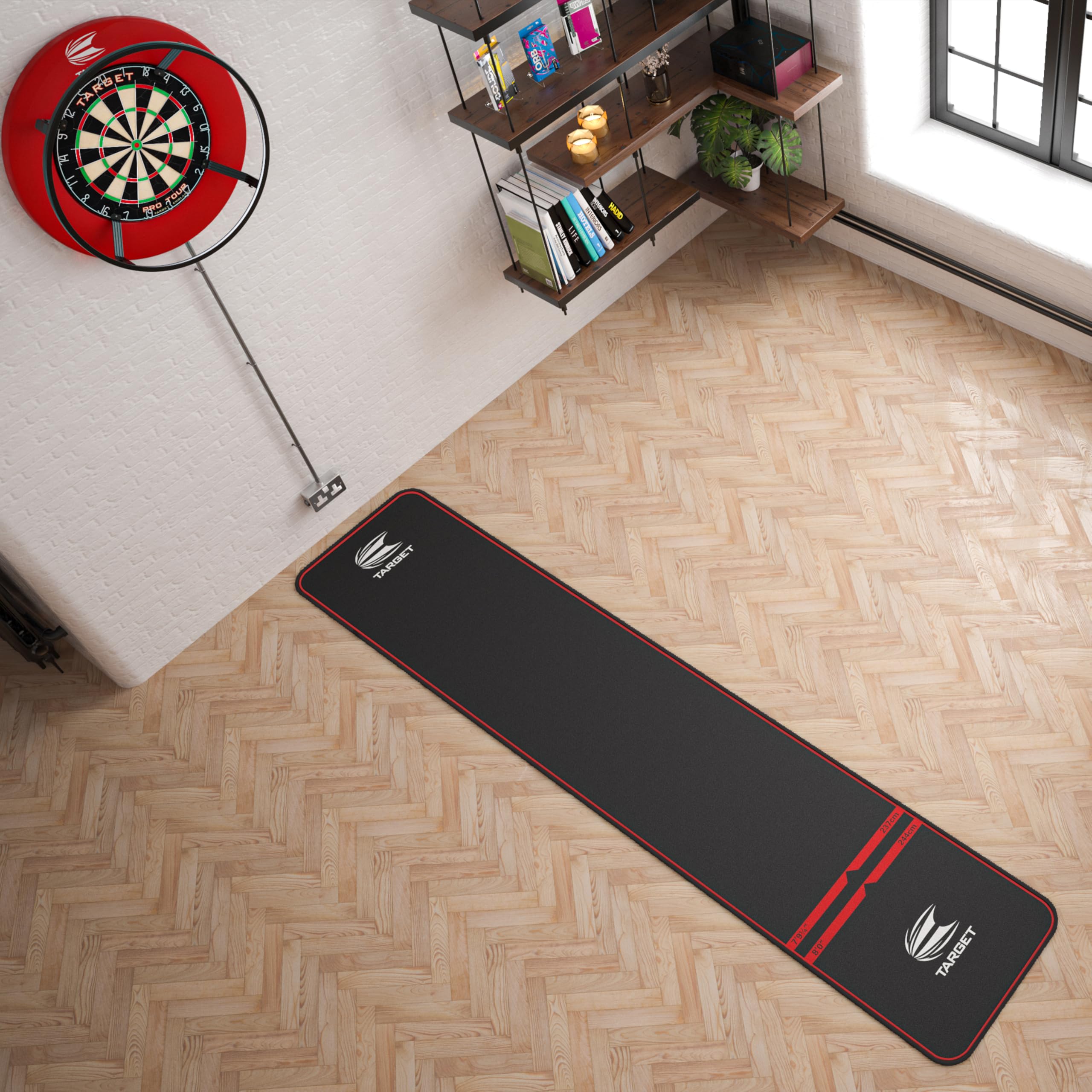 TARGET Darts World Champion Darts Mat Black and Red | Dart Oche Mat with Soft Tip and Steel Tip Throw Line Distances | Non Slip Carpet Mats for Floor