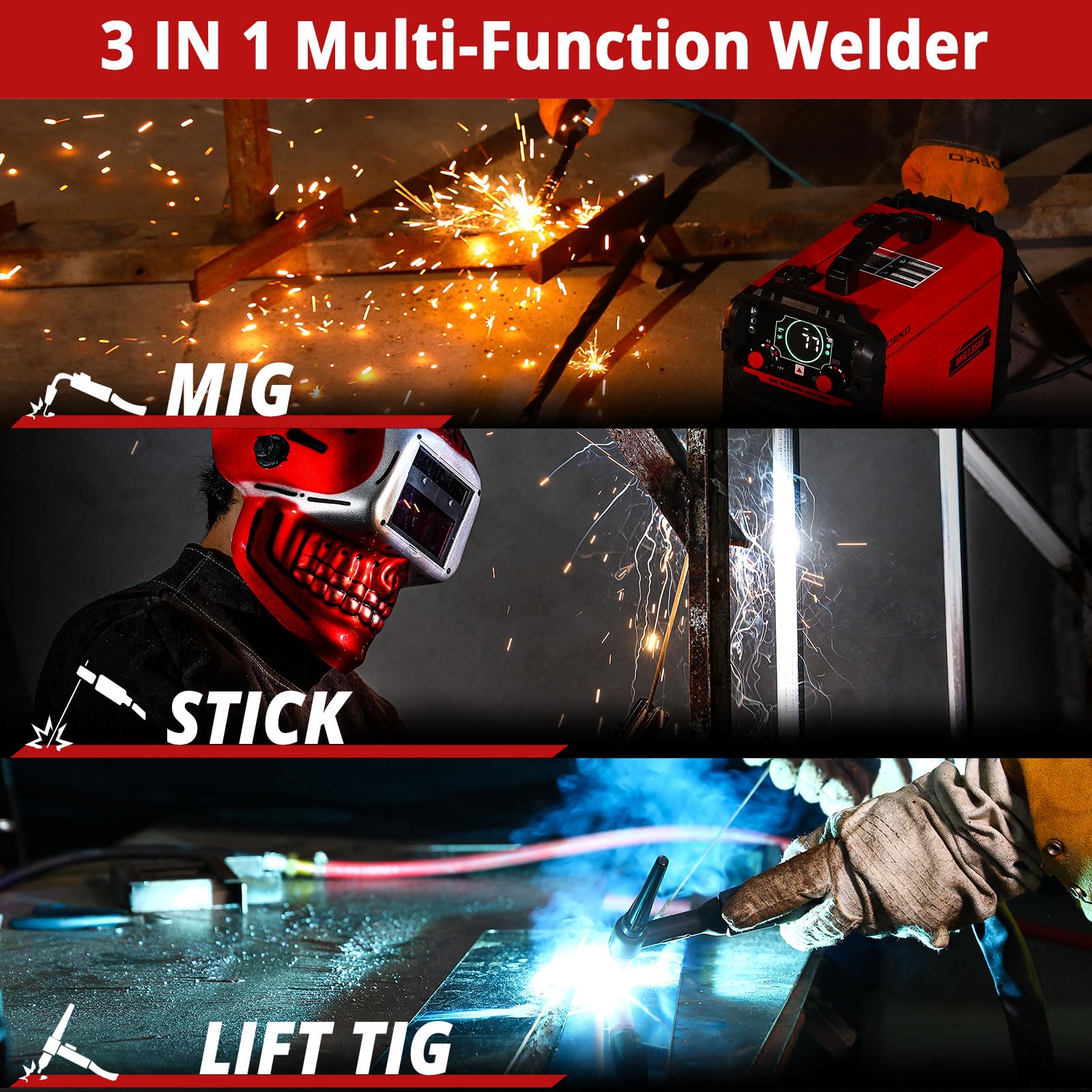 MIG Welder 135Amp: DEKO 220V Flux Core MIG/Lift TIG/Stick 3-in-1 Welding Machine IGBT Inverter Portable Kit with Welding Gun, Wire