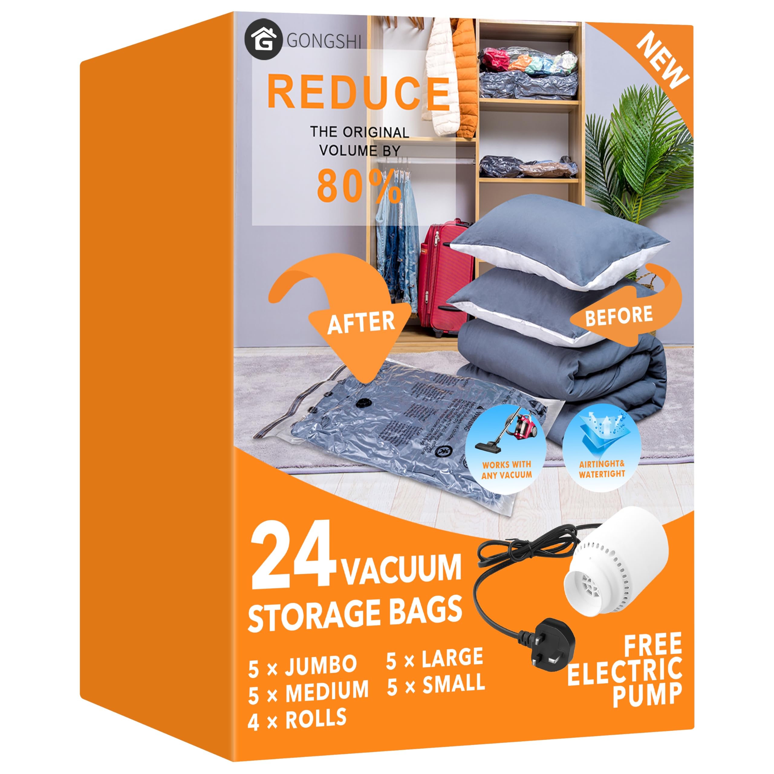 24 Pack Vacuum Storage Bags with Electric Pump, (5 Jumbo, 5 Large, 5 Medium, 5 Small, 4 Roll Up Bags) Space Saver Bag for Clothes, Mattress, Blanket,