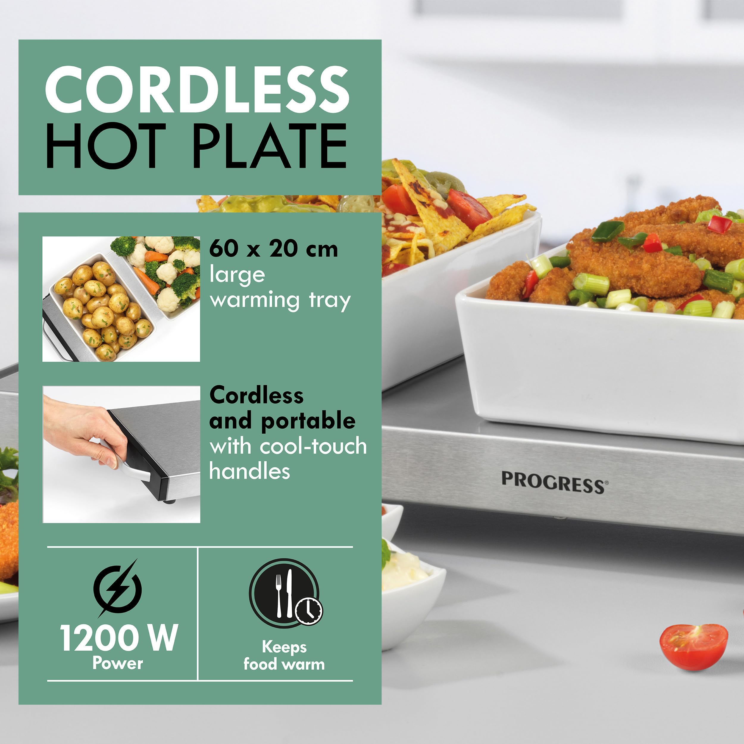 Progress EK2610P Cordless Hot Plate, Large Food Warming Tray, Plate Warmer, Portable Buffet Server Tray, 1200W, Non-Slip, 15 Minute Charge Time, Keeps