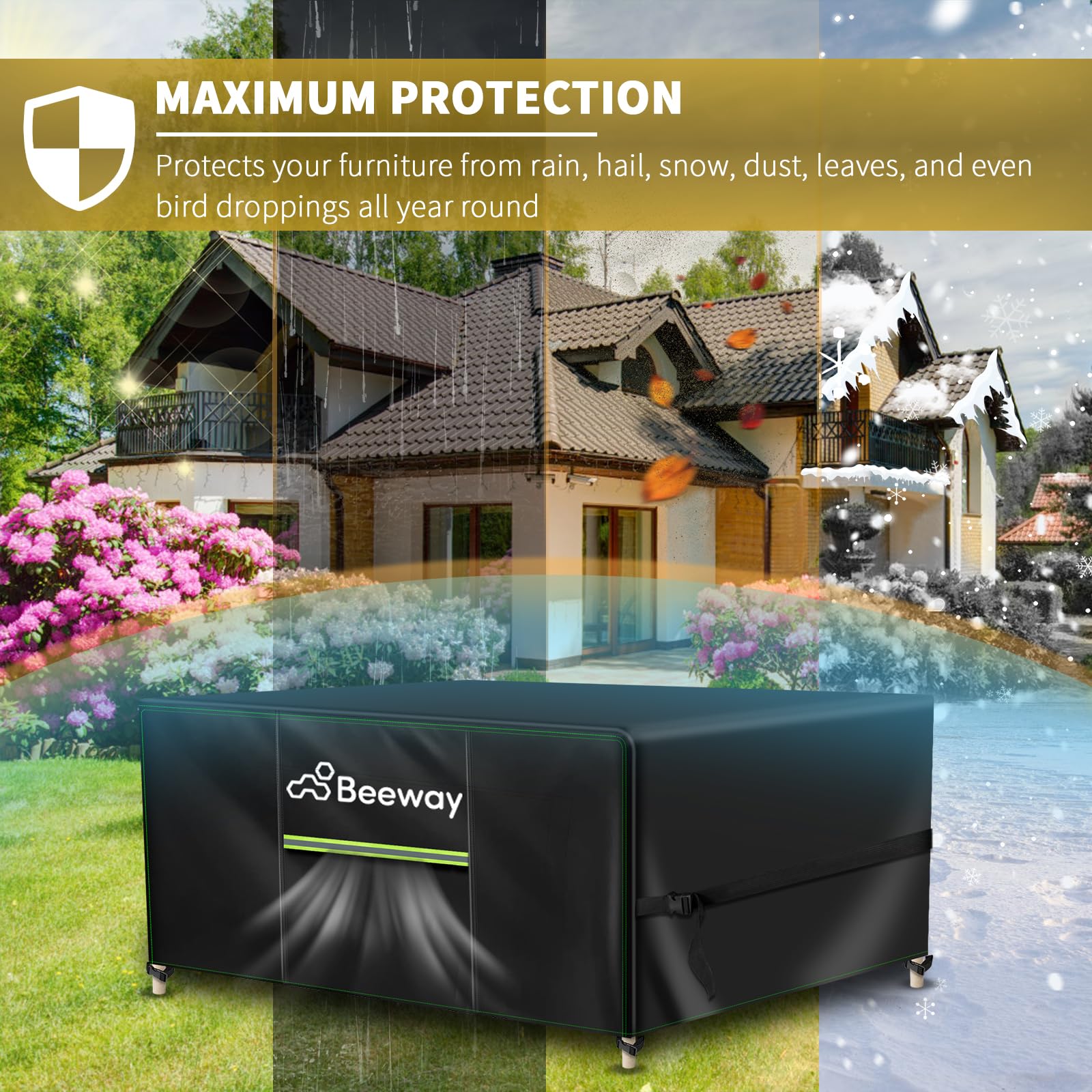 BEEWAY Garden Furniture Cover With Air Vent, Waterproof Patio Rattan Sofa Table Chair Set Cover - 420D Oxford Fabric, Windproof - Rectangular 242 x 182 x 100cm