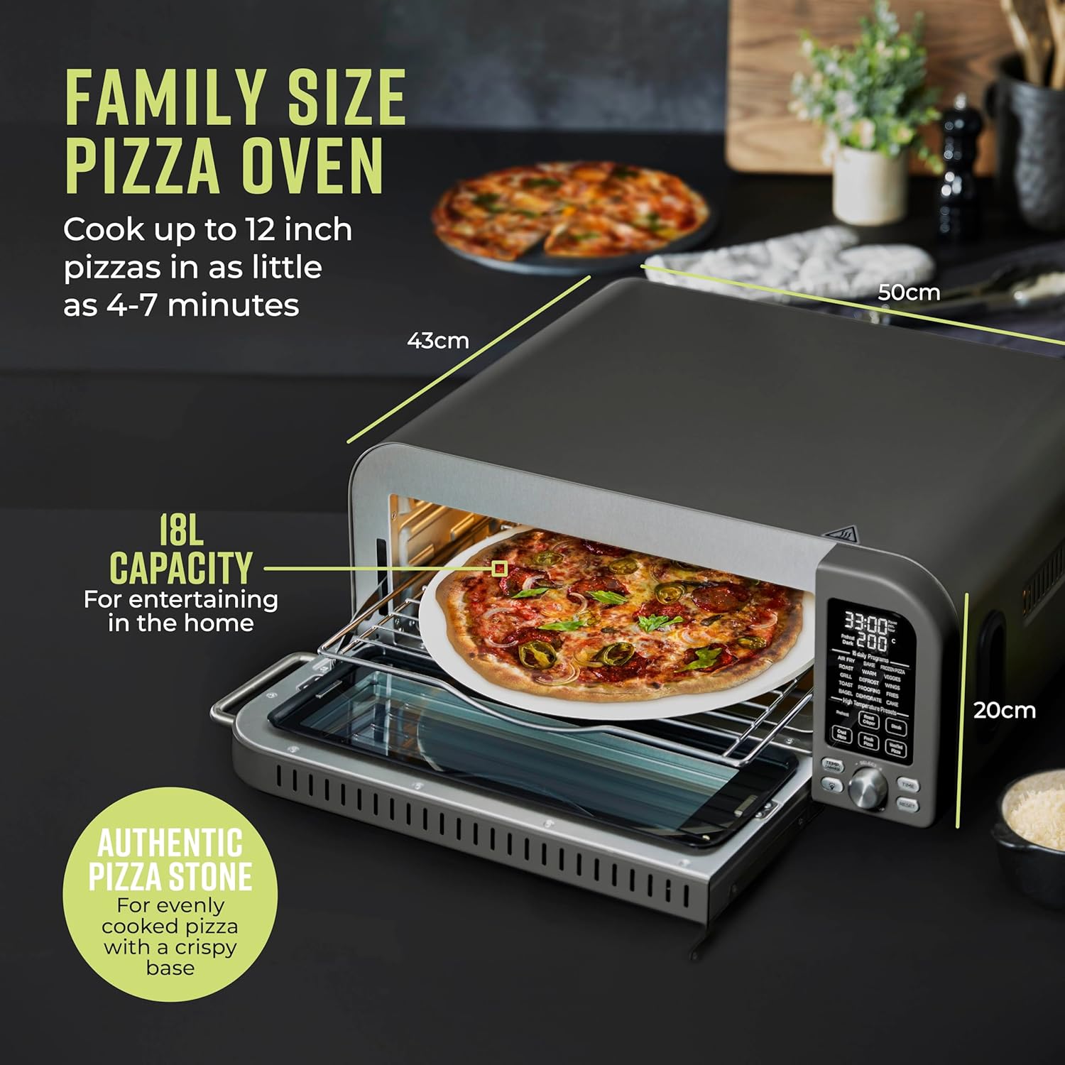 Tower T17141 Elite Pizza Oven with 5 High Temperature Programs, 15 Cooking Functions, Turbo Crisper, 18L, 2000W, Grey & Chrome