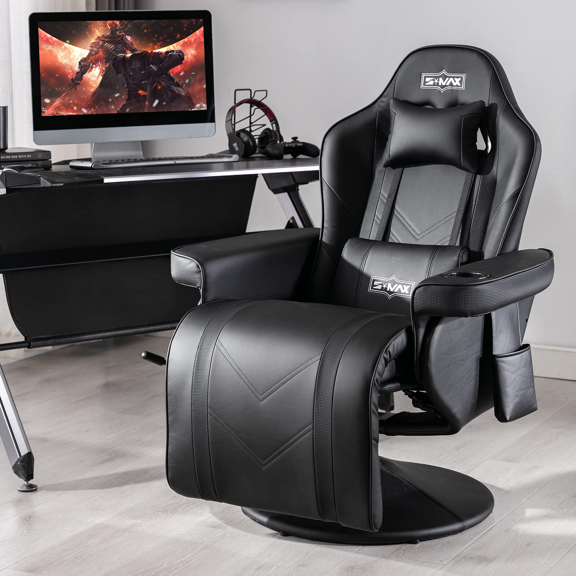 S*MAX Gaming Chair Recliner Height Adjustable Ergonomic Higher Back and Wider Lumbar Support Swivel PU Leather Gaming Chair with Footrest Cup Holder Gamer Chairs for Adults Black X Large