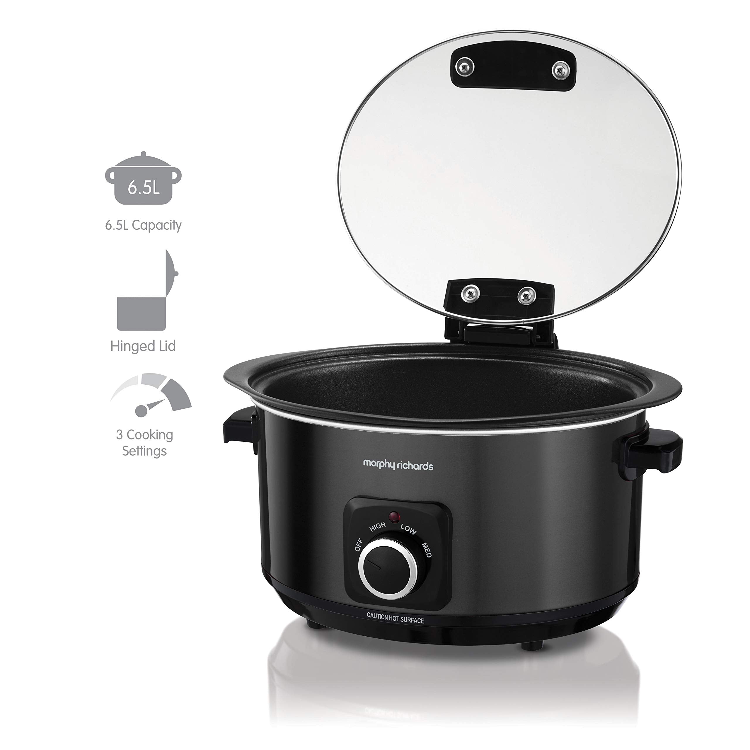 Morphy Richards 6.5L Sear and Stew Slow Cooker with Detachable Hinged lid, Shatter Resistant Aluminium Pot, 3 Heat Settings, Hob Proof, Easy Clean,