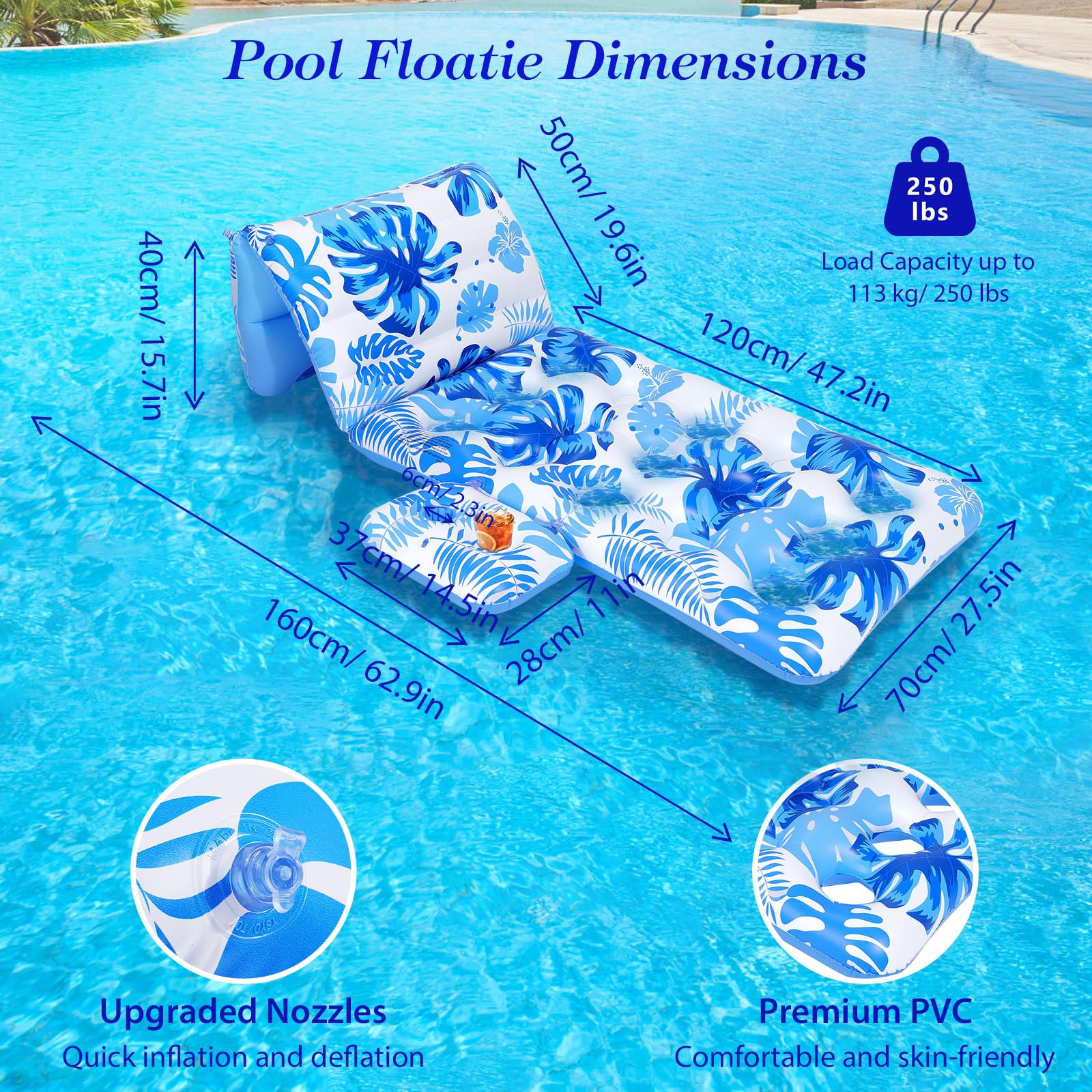 MoKo Pool Floats Adult, Floating Bed with Ice Bar, Tanning Bed Pool Raft Inflatable Lounger with Drink Holder Tanning Chair Inflatable Pool Toys for Party Beach Backyard