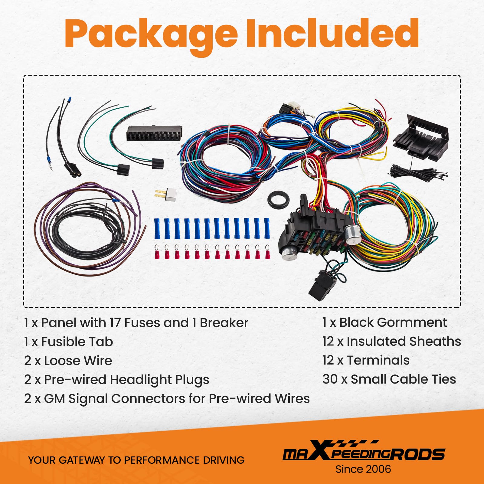 maXpeedingrods Wiring Harness, Universal 21 Circuit 17 Fuses Wiring Kit, Standard Color Long Wire Harness Set for Car Truck RV Motor