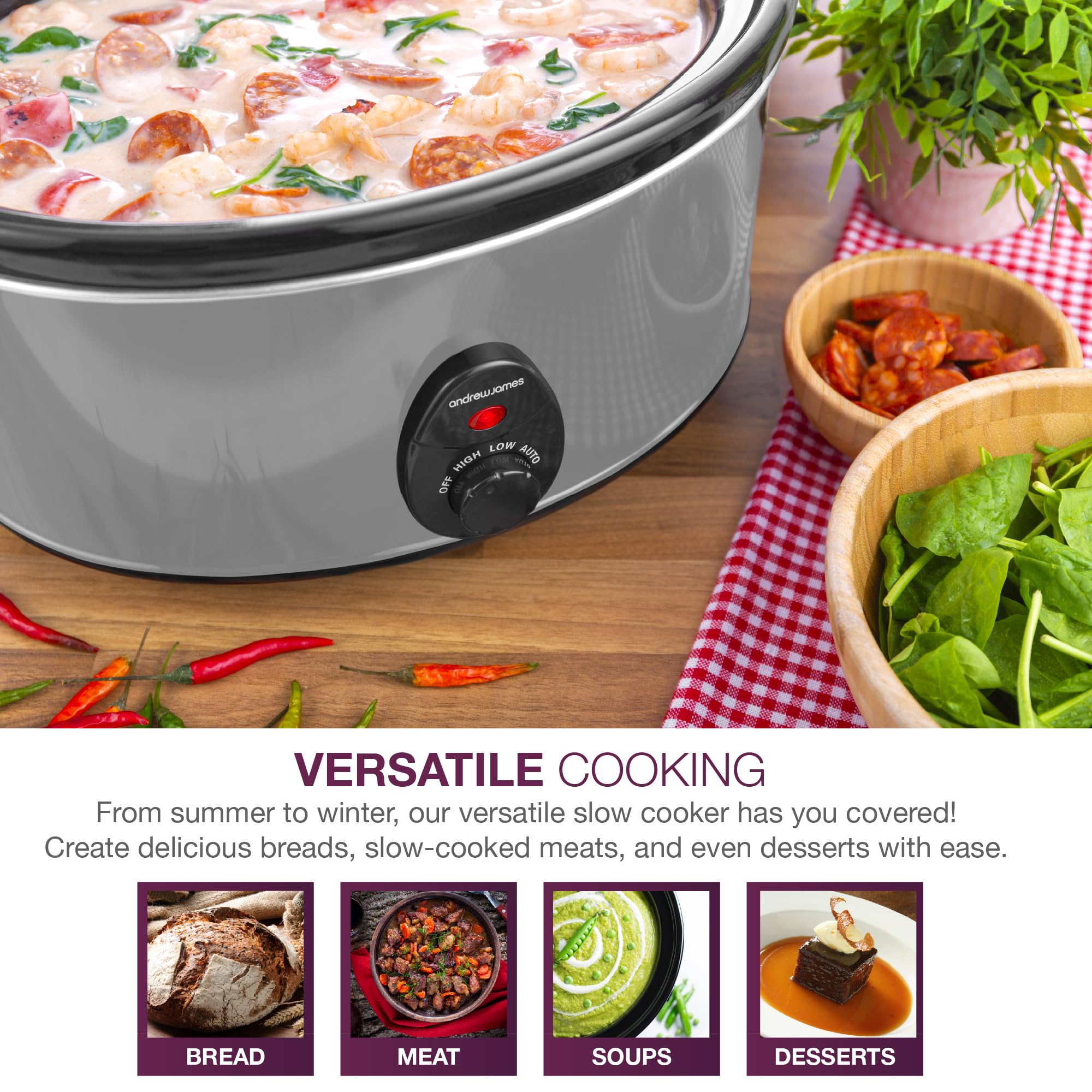 Andrew James 6.5L Slow Cooker with Removeable Easy Clean Ceramic Bowl, 3 Temperature Settings, Energy Efficient Large Slow Cooker with Tempered Glass Lid, Cool Touch Handles & Non-Slip Feet (Grey)