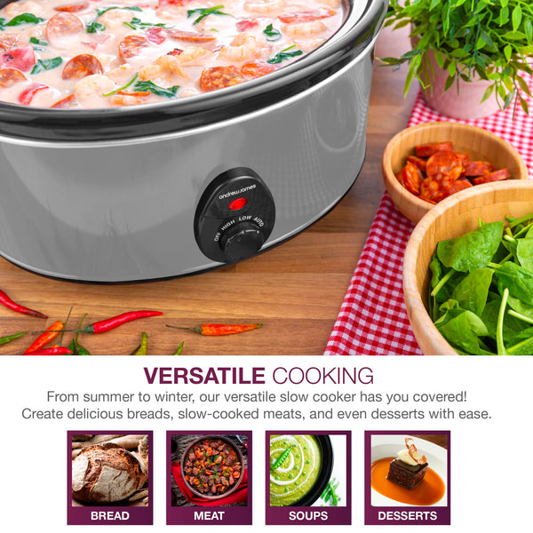 Andrew James 6.5L Slow Cooker with Removeable Easy Clean Ceramic Bowl, 3 Temperature Settings, Energy Efficient Large Slow Cooker with Tempered Glass Lid, Cool Touch Handles & Non-Slip Feet (Grey)