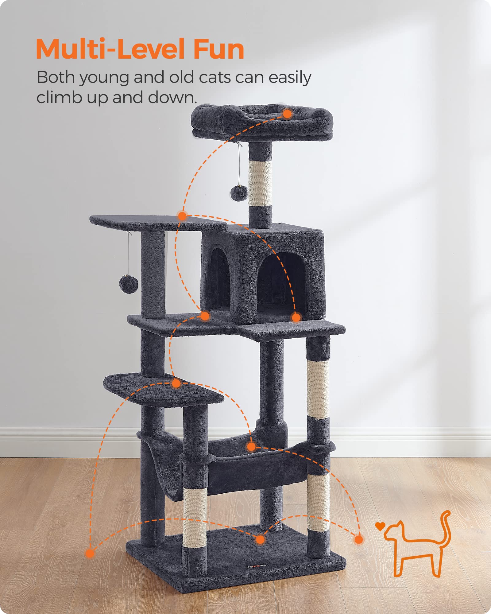 Feandrea Cat Tree, 143 cm Cat Tower for Indoor Cats, Multi-Level Plush Cat Condo with 4 Scratching Posts, 2 Perches, Cave, Hammock, Pompoms, Smoky
