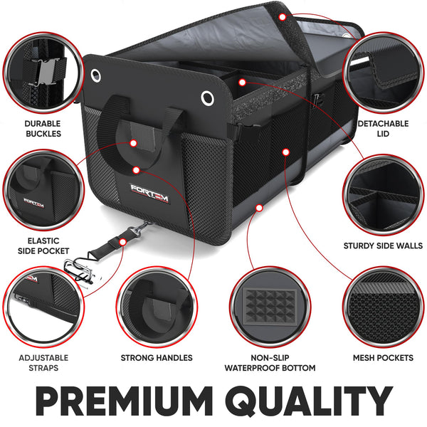 FORTEM Car Boot Organiser, SUV Boot Tidy, Trunk Storage, Collapsible Multi Compartment Car Organiser, Non Slip Bottom, Adjustable Securing Straps, Foldable Cover (65L)
