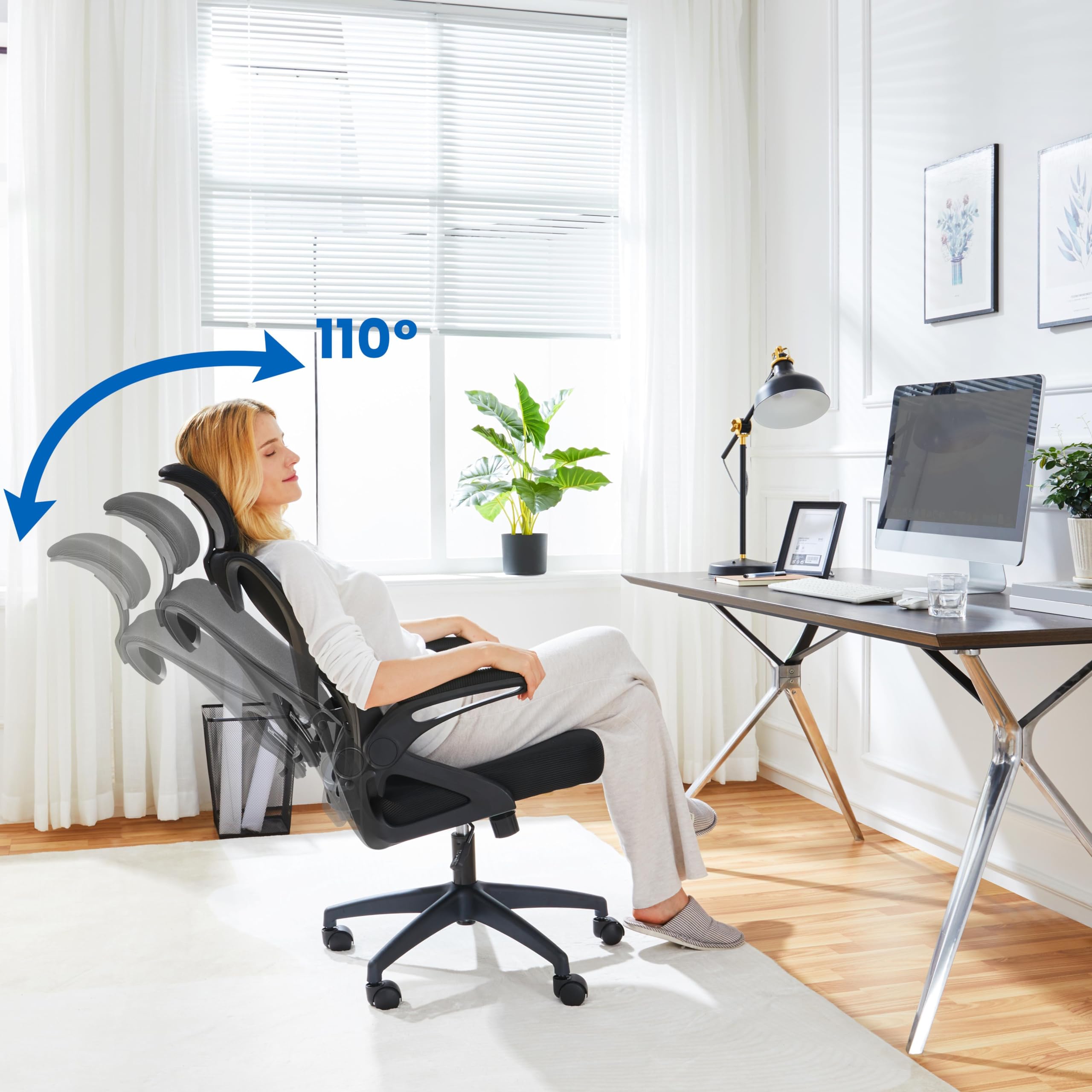 Yaheetech High Back Home Office Chair Ergonomic Swivel Desk Chair with Arms and Height Adjustable Back Support for Home Study or Manager Work White/Pink