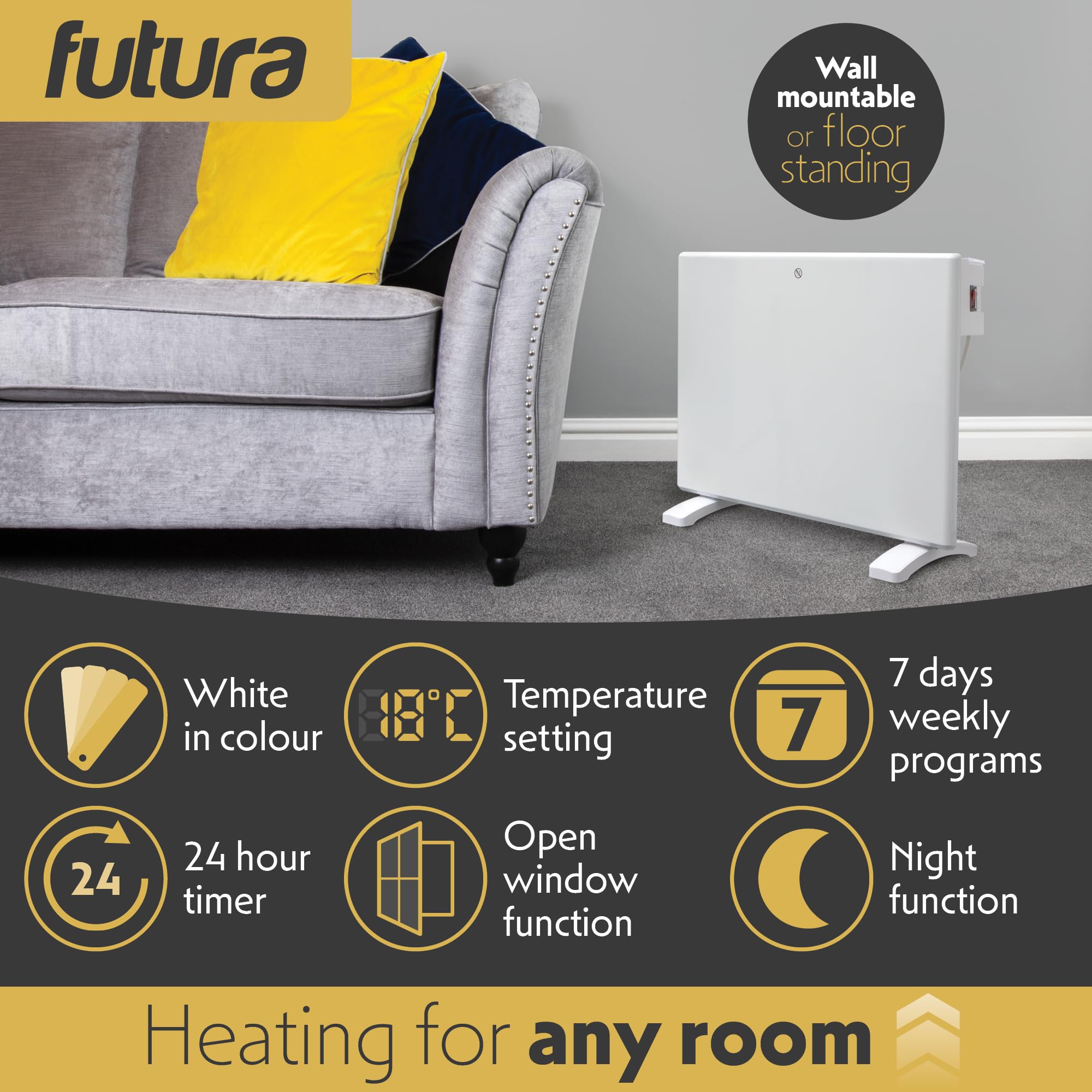 Futura 2000W Grey Electric Radiator Heaters for Home, Bathroom Safe Electric Heater Setback Timer Lot 20 & Advanced Thermostat Control Wall Mounted or Floor Standing Low Energy Panel Heater