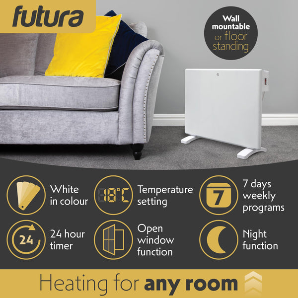 Futura 2000W Grey Electric Radiator Heaters for Home, Bathroom Safe Electric Heater Setback Timer Lot 20 & Advanced Thermostat Control Wall Mounted or Floor Standing Low Energy Panel Heater