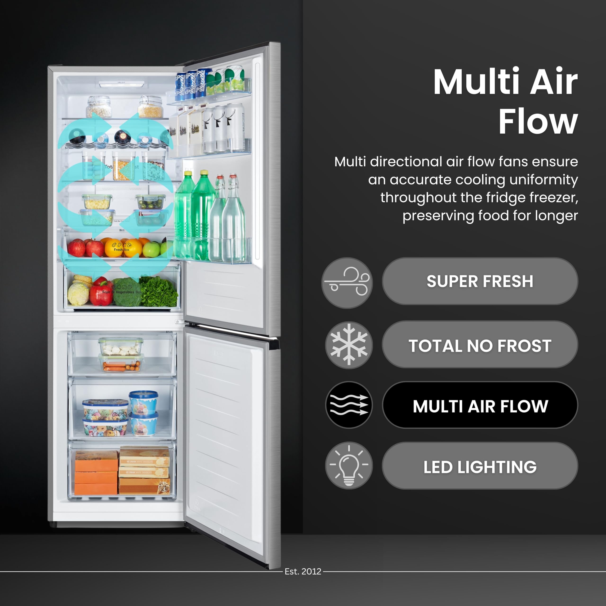 Teknix FFH1825WB 55cm Freestanding 50/50 Fridge Freezer - 256 Litre Capacity - Total No Frost - Non-plumbed Water Dispenser - Black, H182.5 x W55 x D56.2 (cm)