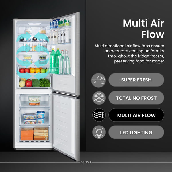 Teknix FFH1825WB 55cm Freestanding 50/50 Fridge Freezer - 256 Litre Capacity - Total No Frost - Non-plumbed Water Dispenser - Black, H182.5 x W55 x D56.2 (cm)