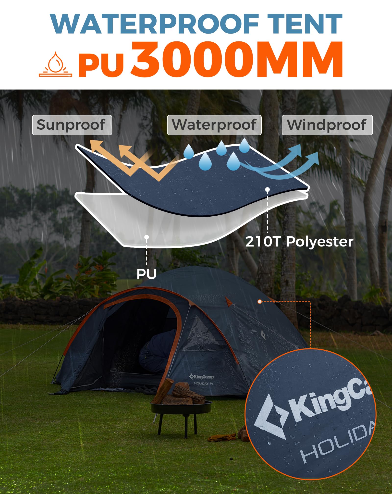 KingCamp Camping Tent for 4 Man, Ultralight Waterproof Dome Tent, Compact and Backpack-Friendly, Ideal Tent for Camping, Trekking and Outdoors
