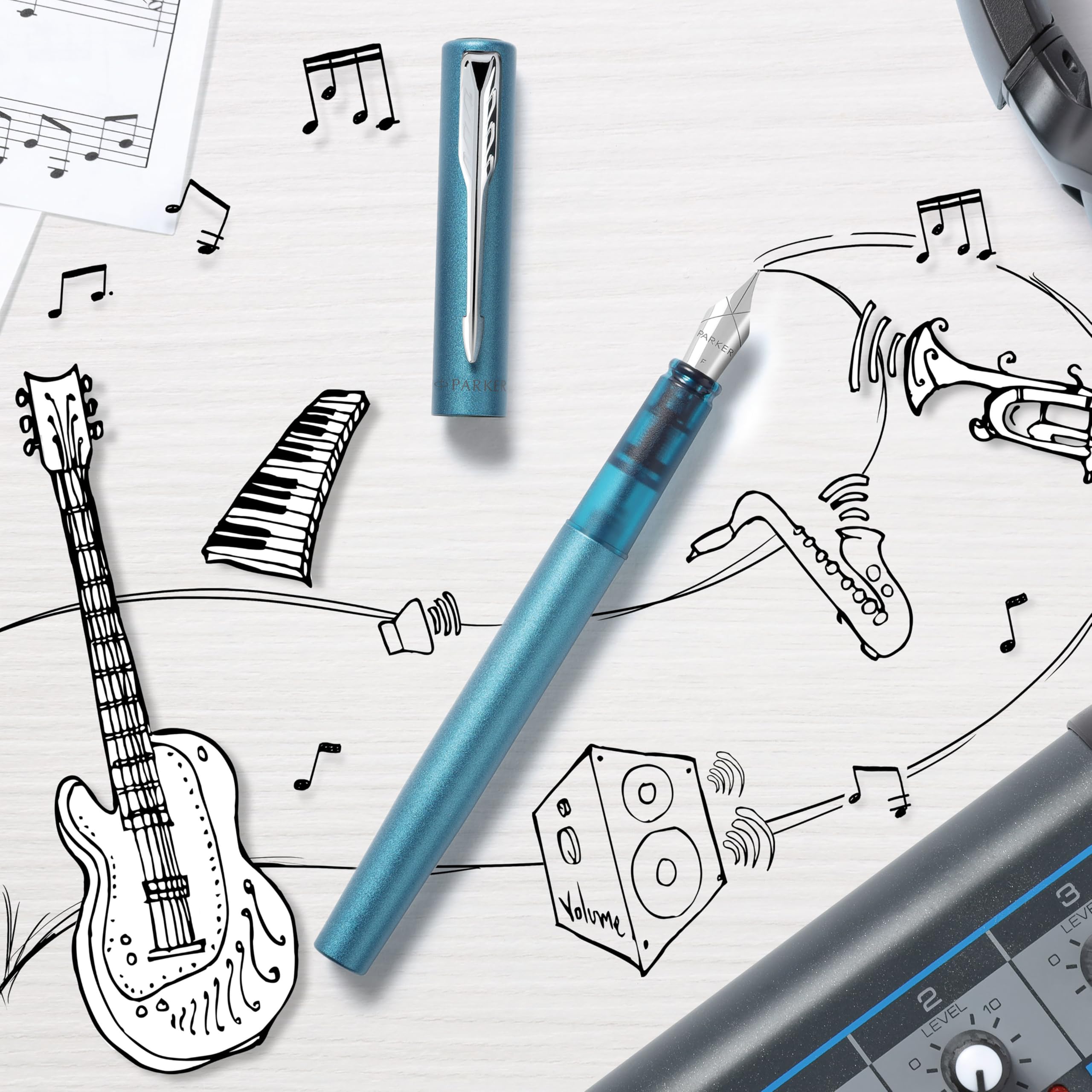 Parker Vector Fountain Pen | Black with Chrome Trim | Medium Nib | Blue Ink | Hangtab