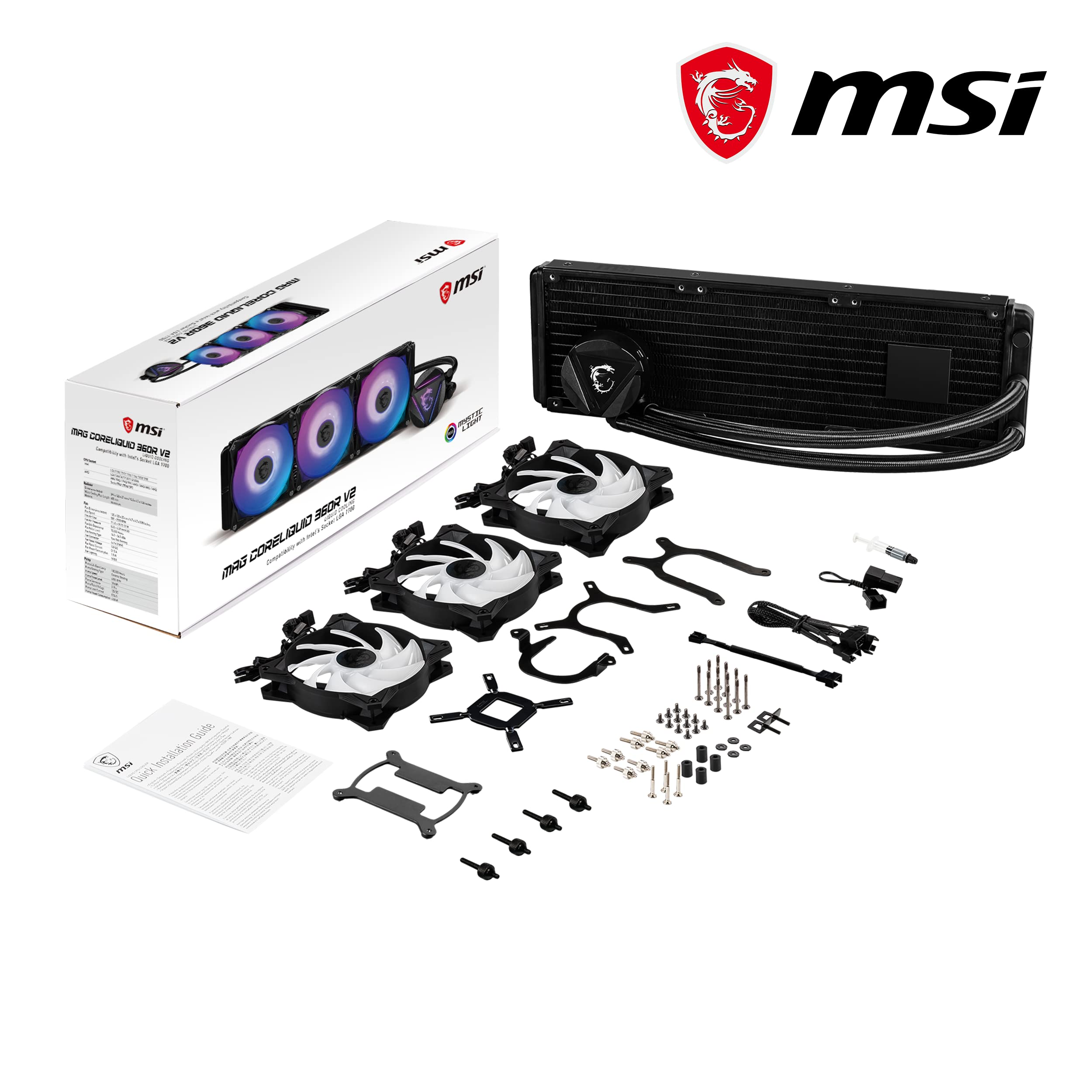 MSI MAG CORELIQUID 360R V2 AIO CPU Liquid Cooler - Rotatable ARGB Blockhead, Integrated Radiator Pump, Split-Flow Water Cooling, Evaporation-Proof Tubing, Easy to Install - AMD & Intel Compatible