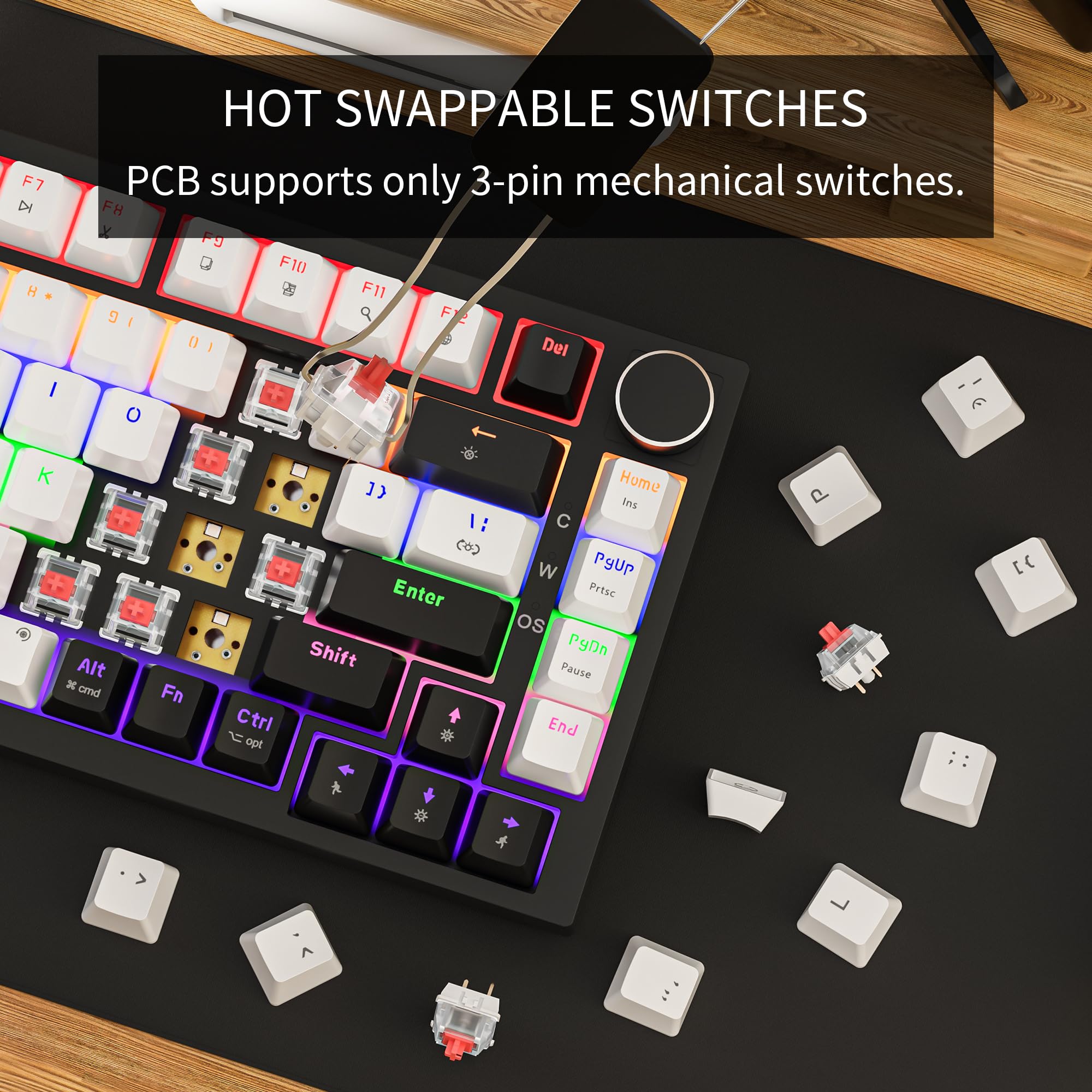 Newmen GM326 Mechanical Keyboard,Wired Gaming Keyboard,75% Percent TKL Hot Swappable Compact LED Backlit USB C Mechanical Gaming Keyboards with Knob for PC Windows Mac,QWERTY Layout,Black,Red Switches