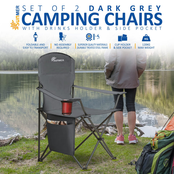 SUNMER Set of 2 Folding Camping Chairs, Extra-Wide Lightweight Outdoor Chairs with Armrests, Cup Holder and a Side Pocket, 120kg Capacity per Chair - Black
