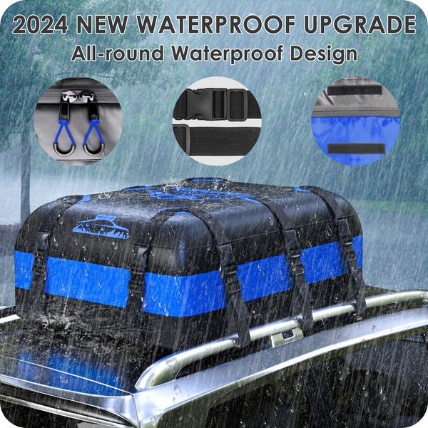 Rymopuey Roof Bag 15 Cubic/425 L, Waterproof Car Roof Bag No Rack Needed, Roof Box with Anti-Slip Mat and 6 Heavy-Duty Straps, Folding Soft Car Roof Box for Cars with/Without Rack (Blue 425 L)