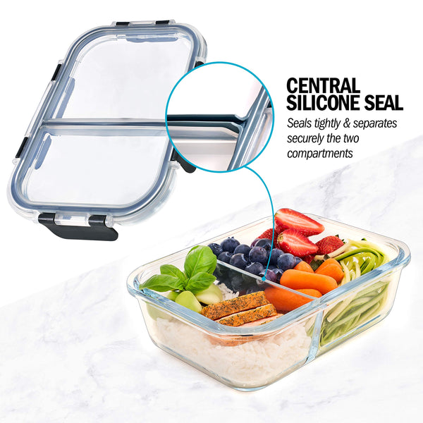 Igluu Meal Prep Glass 2 Compartment Container with Airtight SnapLock Lids - Portion Control Food Storage - BPA Free - Microwavable, Dishwasher,