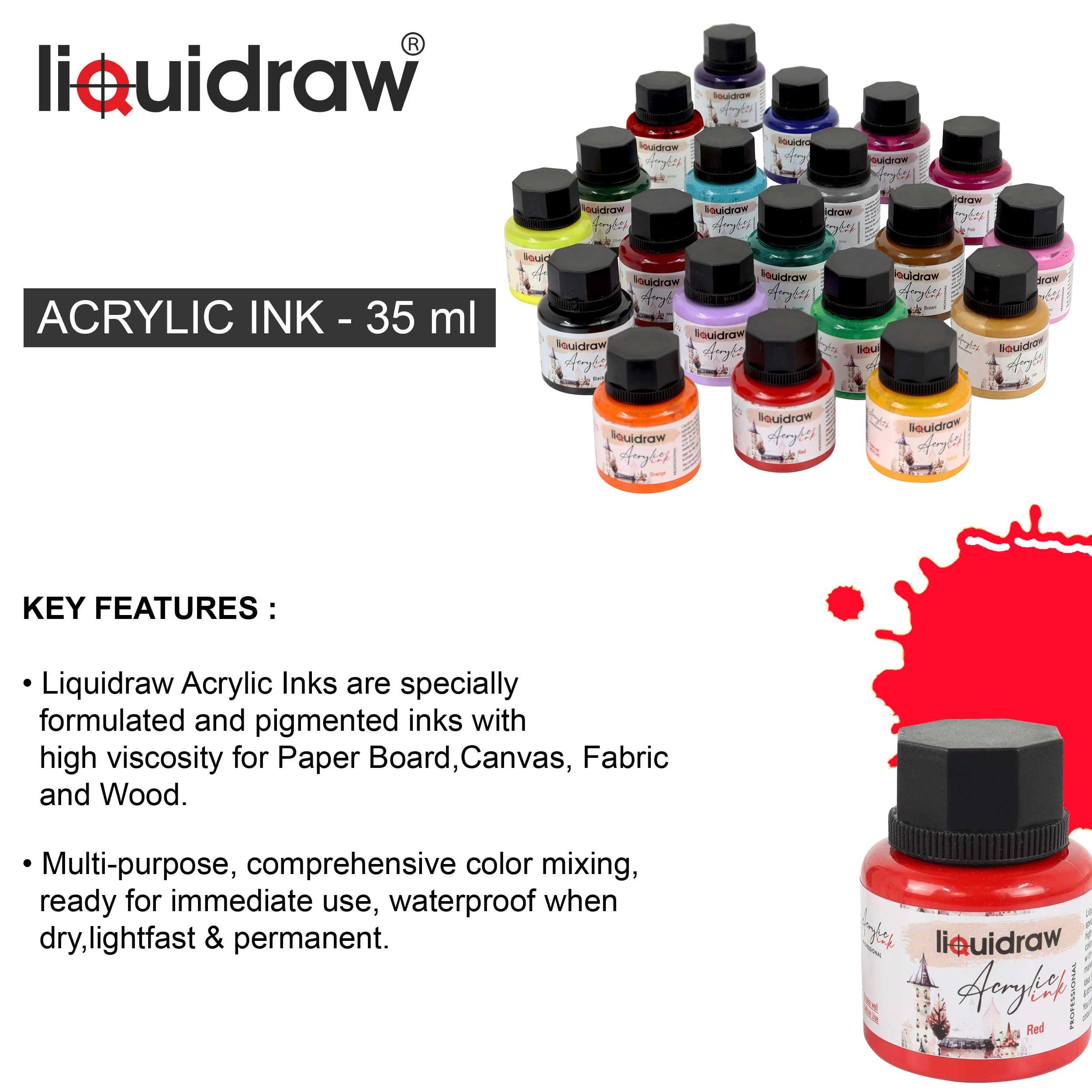Liquidraw Acrylic Inks for Artists Set of 20 Waterproof Ink Set 35ml Professional for Painting, Drawing, Paints, Art, Brushes, Paper, Board, Canvas,