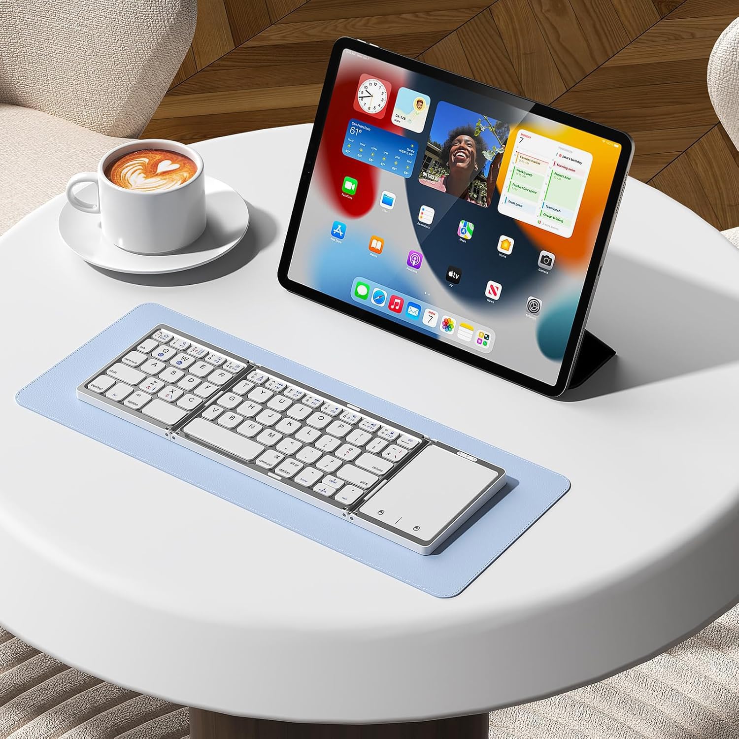 Seenda Folding Bluetooth Keyboard with Touchpad, Foldable Portable Travel Mini Wireless Keyboard, Rechargeable UK layout for iOS Android Windows PC Tablet phone ipad, Black and Grey