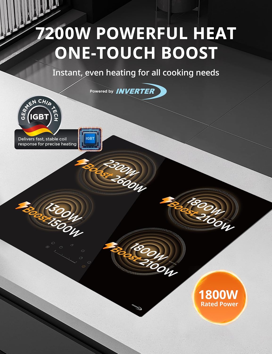 COMFEE' Induction Hob 7400 WATT with 4 Zones Induction Stove with Flexible Zone Built-in induction cooktop,Wiring, Touch control, Automatic Switch-Off, Child Safety Lock, No Plug Included