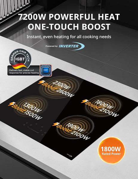 COMFEE' Induction Hob 7400 WATT with 4 Zones Induction Stove with Flexible Zone Built-in induction cooktop,Wiring, Touch control, Automatic Switch-Off, Child Safety Lock, No Plug Included