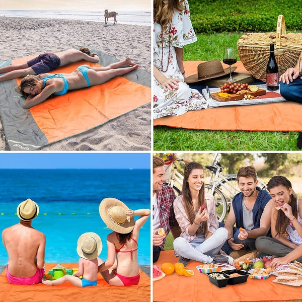 COVACURE Beach Blanket Mat with 3 Zipper Pockets, Extra Large 210 x 200cm Water Resistant Sand Proof Picnic Blanket for Camping, Hiking, Picnic (Orange)