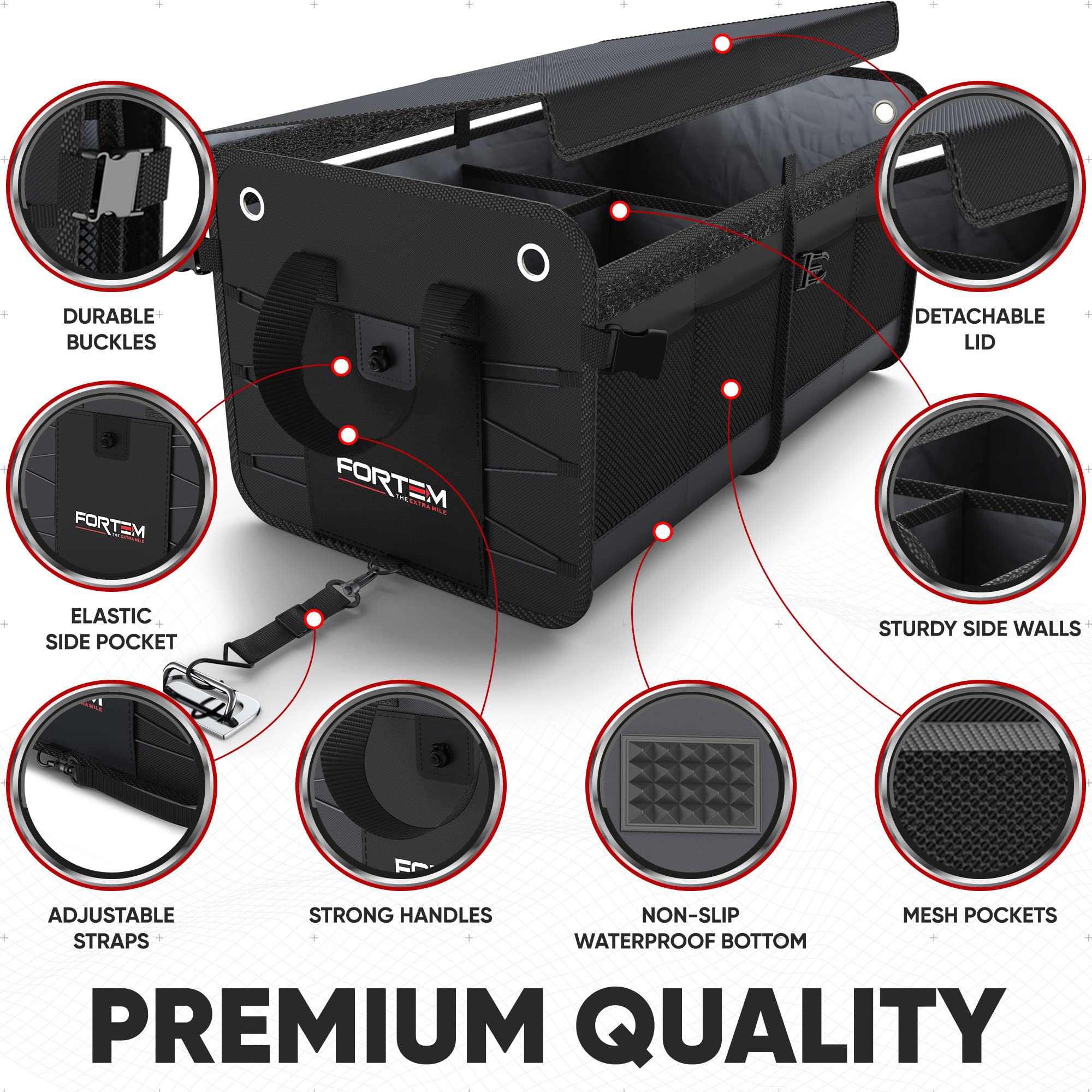 FORTEM Car Boot Organiser, SUV Boot Tidy, Trunk Storage, Collapsible Multi Compartment Car Organiser, Non Slip Bottom, Adjustable Securing Straps, Foldable Cover (65L)