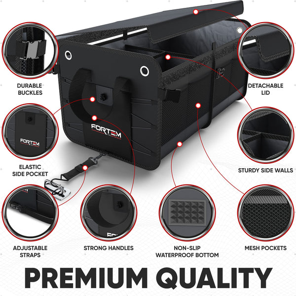 FORTEM Car Boot Organiser, SUV Boot Tidy, Trunk Storage, Collapsible Multi Compartment Car Organiser, Non Slip Bottom, Adjustable Securing Straps, Foldable Cover (65L)