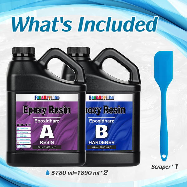 FansArriche Epoxy Resin, 128 oz/3780 ml Resin 1:1 Ratio, Transparent, Crystal Clear Resin Coating