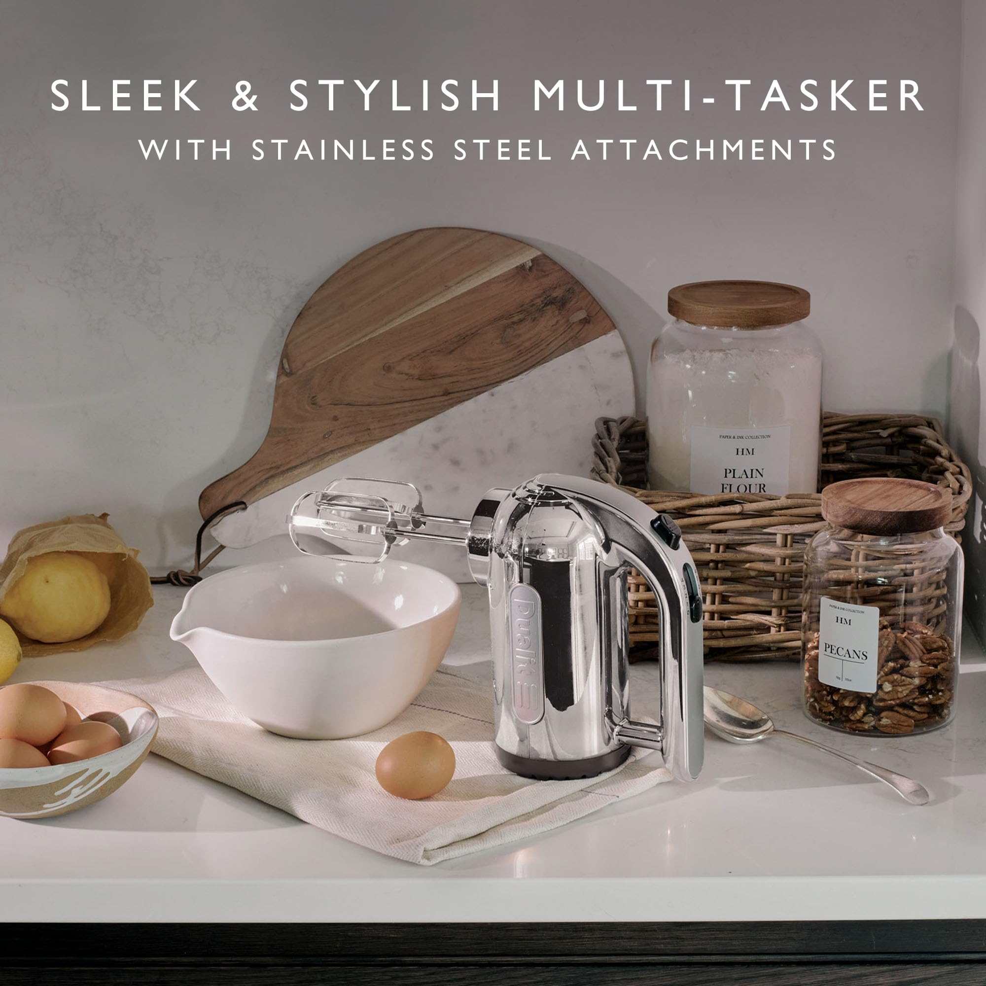 Dualit Hand Mixer Chrome - 400W - Strong Grip Handle - Attachments Included - Integral Plug Storage - 4 Speed Settings - Repairable gears - Flat