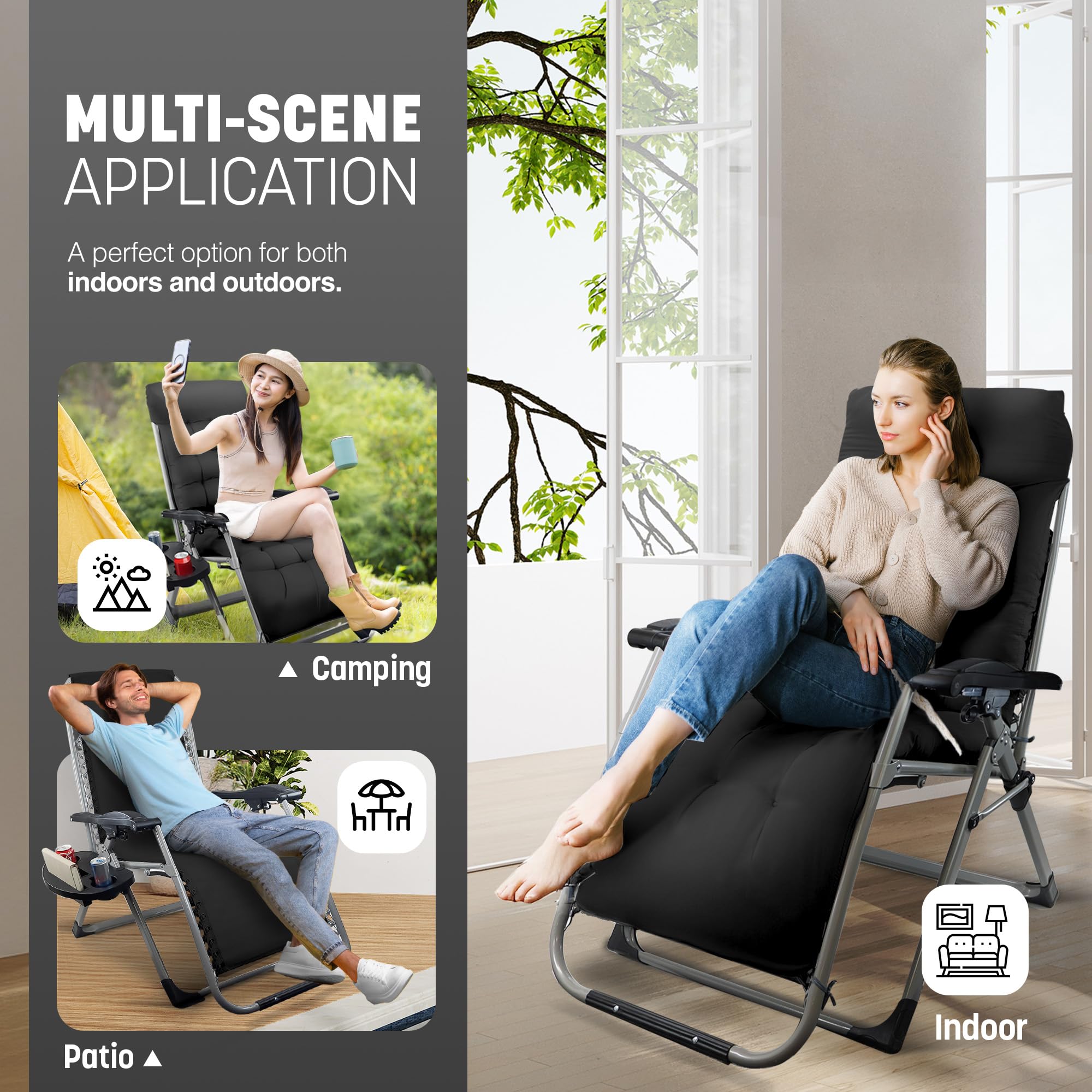 KEPLIN Square Tube Gravity Chair with Cushion – Extra-Wide 72cm Recliner, Adjustable Zero Gravity Lounger, Reinforced Frame, Supports 150kg, Premium Comfort for Indoor & Outdoor Relaxation – Black