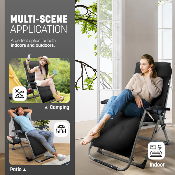 KEPLIN Square Tube Gravity Chair with Cushion – Extra-Wide 72cm Recliner, Adjustable Zero Gravity Lounger, Reinforced Frame, Supports 150kg, Premium Comfort for Indoor & Outdoor Relaxation – Black